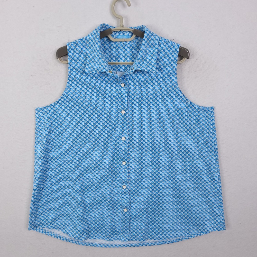 J.McLaughlin Sleeveless Top Womens XL Blue White Geometric Button Down Stretch